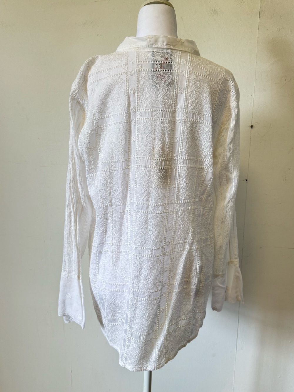 Johnny Was NYX Shirt Off White Mixed Media Blouse Large Coastal Euro Summer NWT - Picture 10 of 16